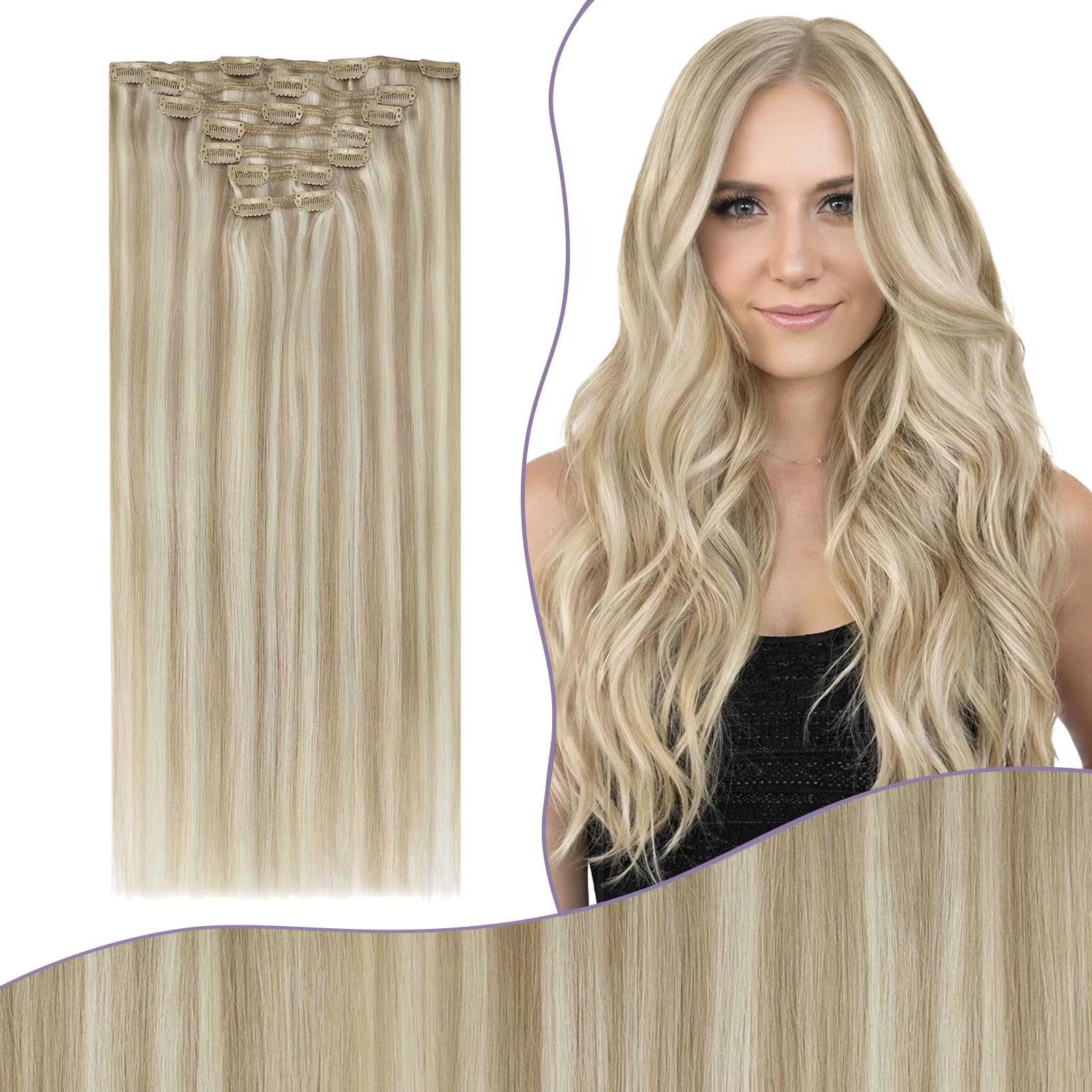 Fshine Blonde Clip in Hair Extensions Real Human Hair, Double Weft, Dark Ash Blonde Highlighted Golden Blonde, 18 Inch, 150g, 7pcs, Silky — image 1