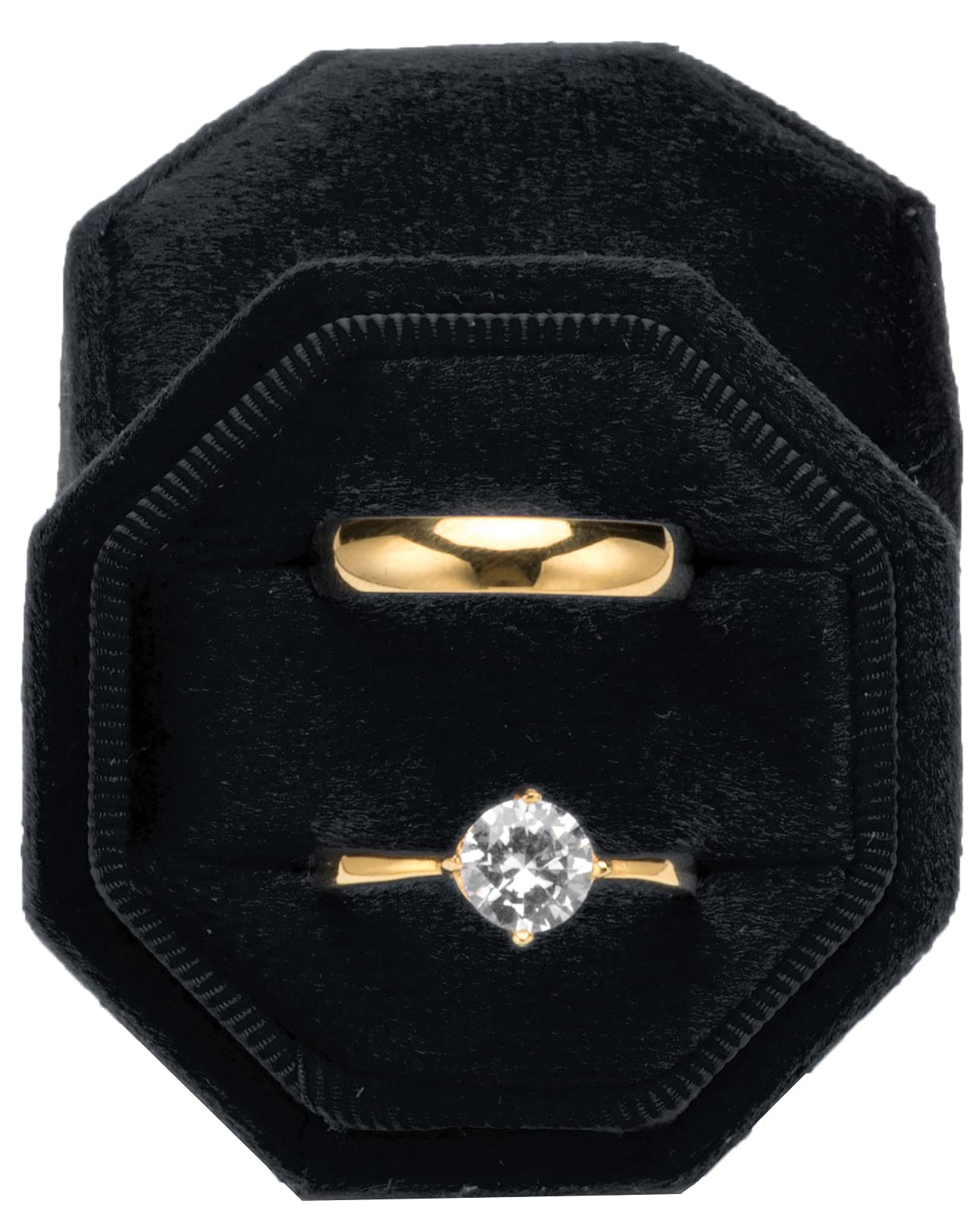 POKOFO Premium Velvet Ring Bearer Box for Proposal Engagement Wedding Ceremony - Equilateral Octagon Vintage Double Ring Display Holder with Detachable Lid (Black)