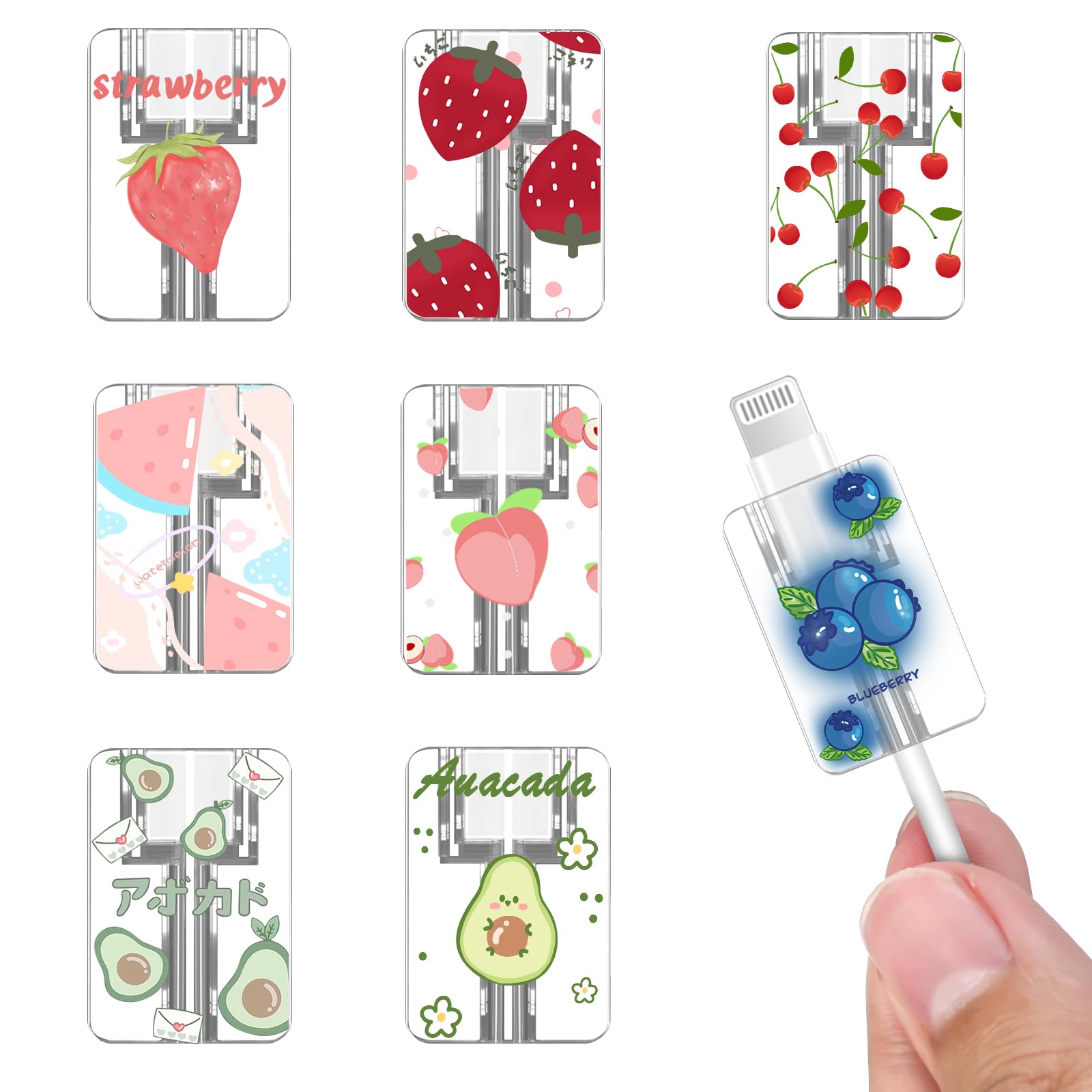 Cute Cable Protector Set Compatible for iPhone Type-c,Strawberry Peach Kiwi Blueberry Fruits Design 8pcs Soft Phone Charger Protector,Cable Sleeve, Charging Cord Protector,Cable Chomper,Cord Saver