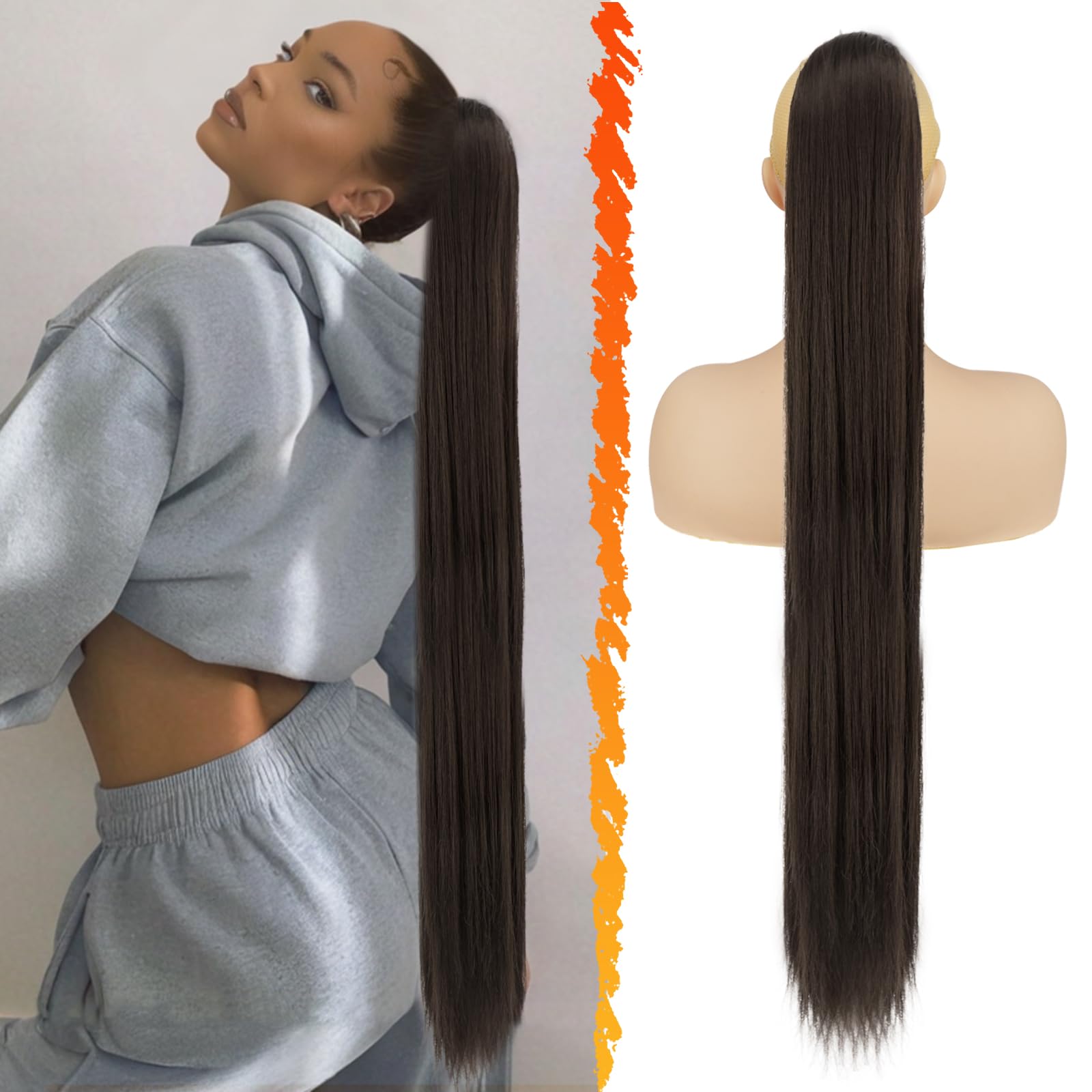 BARSDAR Brown Ponytail Extension, 34 Inch Long Straight Drawstring Ponytail Hair Extensions Synthetic Clip in Pony Tails Hairpieces Fake Straight Ponytail for Women Girls Daily- Dark Brown