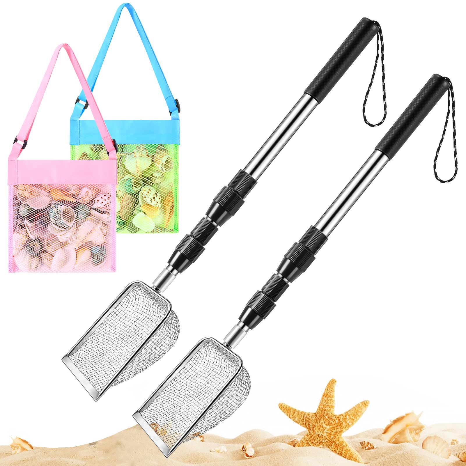 POILKMNI New Upgraded 2 Pcs Shark Tooth Sifter with Seashell Bags, Beach Sand Sifter, Sand Scoop Shell Scooper for Beach Scoop Shovel Sifter Tool for Picking Up Shells, Shark Tooth Sifter Dipper