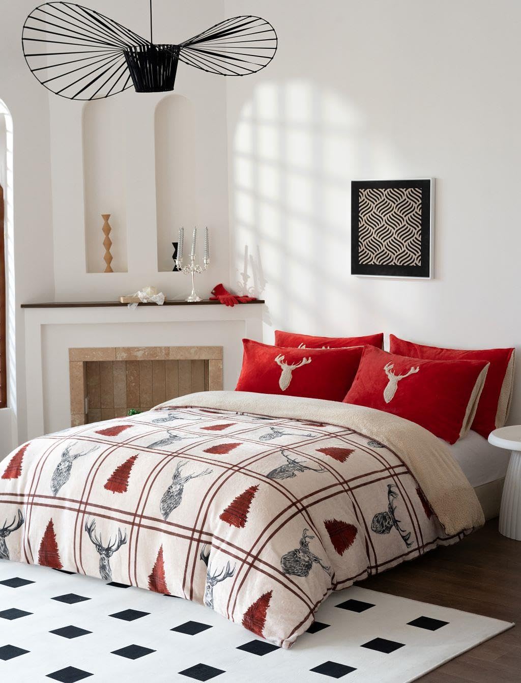 Kampala Hill Stag Teddy Fleece Double Duvet Cover Set Red Bedding for Winter