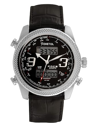 FOCE Analog-Digital Black Dial Boys & Mens Sporty Leather Strap Stainless Steel Watch with Alarm & Stop-Watch Function (Silver/Black) - F924GSL-BLACK