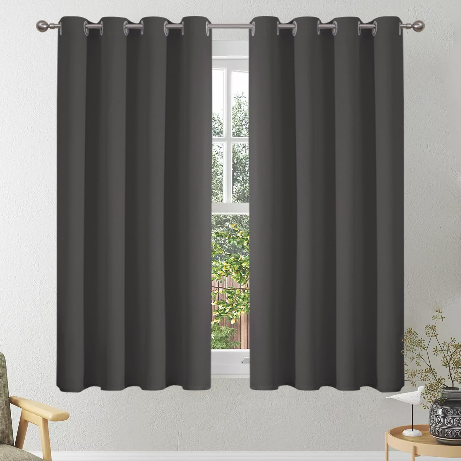 VEHEDE Dark Gray Eyelet Curtains 54 Inch Long, Noise Reducing Home Decoration Room Darkening Blackout Drapes for Living Room, W46 x L54(117cm x 137cm), 2 Panels Dark Grey