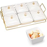 6 Pcs Ceramic Divided Serving Dishes with Lid, Dry Fruit Snack Serving Tray with Gold Metal Rack, Removable Compartment Servi