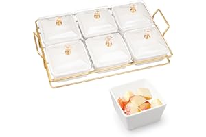 6 Pcs Ceramic Divided Serving Dishes with Lid, Dry Fruit Snack Serving Tray with Gold Metal Rack, Removable Compartment Servi