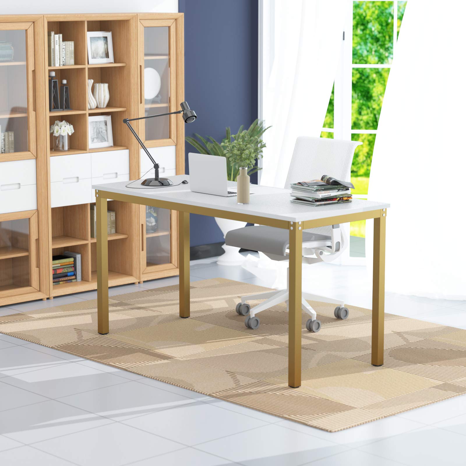 Teraves Computer Desk/Dining Table Office Desk Sturdy Writing Workstation for Home Office(47.24”, White+Golden Frame)