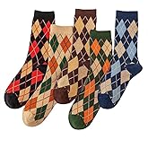 RosyClouds Classic Argyle Crew Socks for Women, Vintage Diamond Pattern Cotton Casual Socks 5 Pair Pack