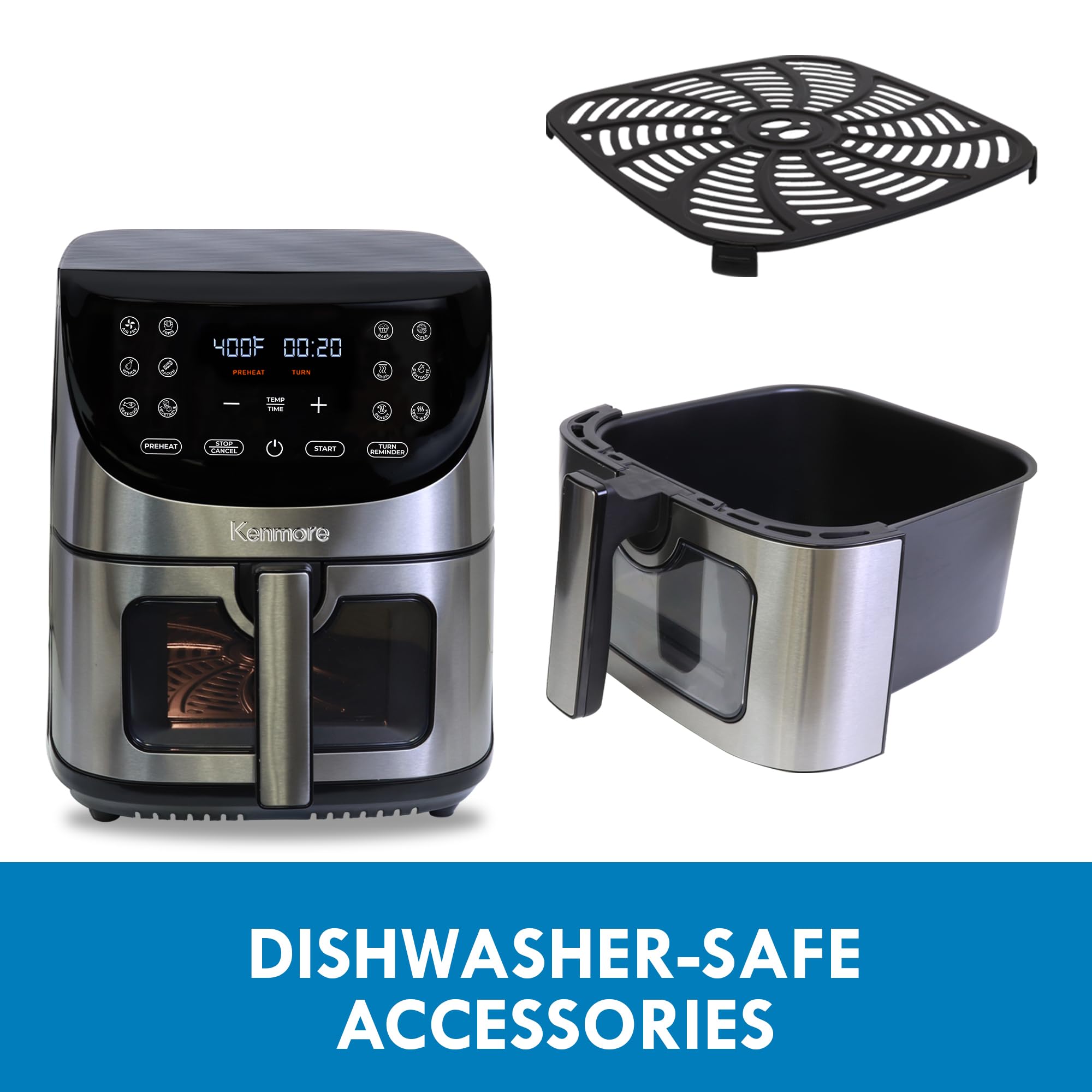 Kenmore Freidora de aire de 8 cuartos - Aerogrill, cesta para freír antiadherente, patatas fritas, pantalla táctil digital, 12 presintonías, freidora eléctrica, aparato de cocina para encimera, acero inoxidable, negro