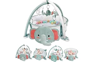 dearlomum 4-in-1 Baby Play Mat Baby Gym,Tummy Time Mat for Floor Activity Gym Ball Pit Including 30 Balls with 5 Infant Learning Sensory Baby Toys for Newborn Toddler Boy & Girl Gifts(Elephant)