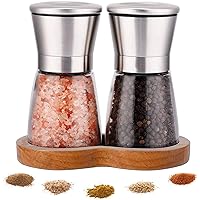 LessMo Salt and Pepper Mills with Beech Stand- Set of Grinders with Adjustable Coarseness - Brushed Stainless Steel, for…