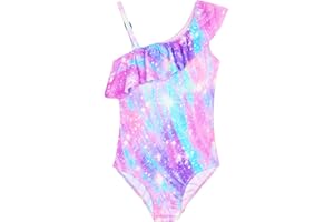 Snowheart Girls Swimsuit Adjustable Shoulder Strap UPF50+ One-Shoulder Ruffle Bathing Suit 3-12T