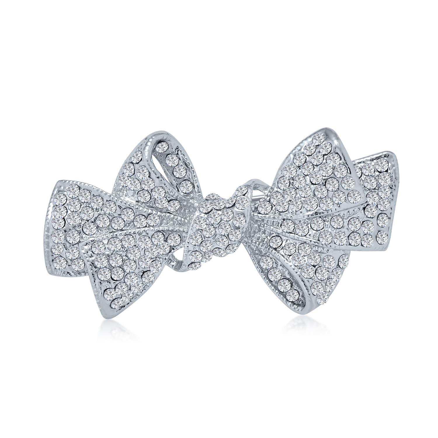 Dainty Romantic Winter Wedding Holiday White Glittering Crystal Bridal Fashion Accent Ribbon Bow Brooch Pin For Women Silver Plated