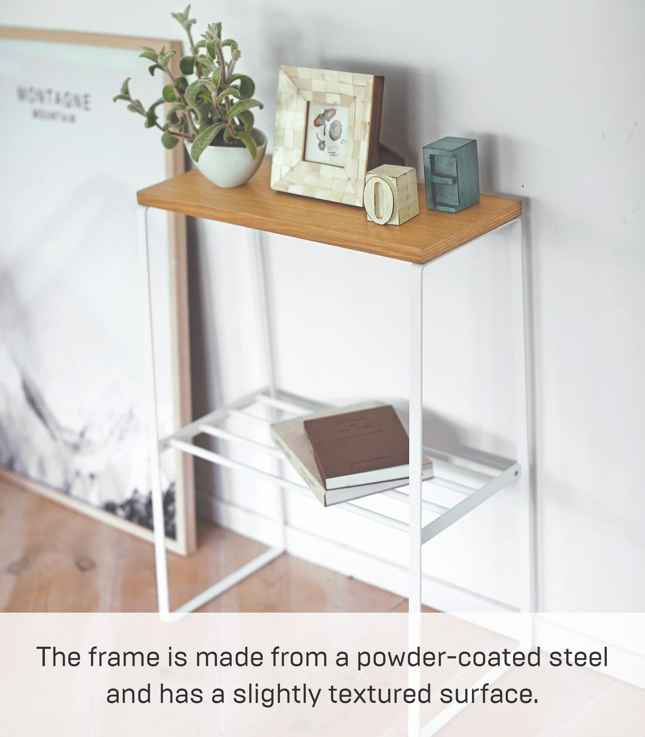 Yamazaki Home Narrow Living Room End Table - Slim Side Storage Shelf Stand Furniture Metal and Wood Modern Skinny Accent Table Steel + WoodWhite