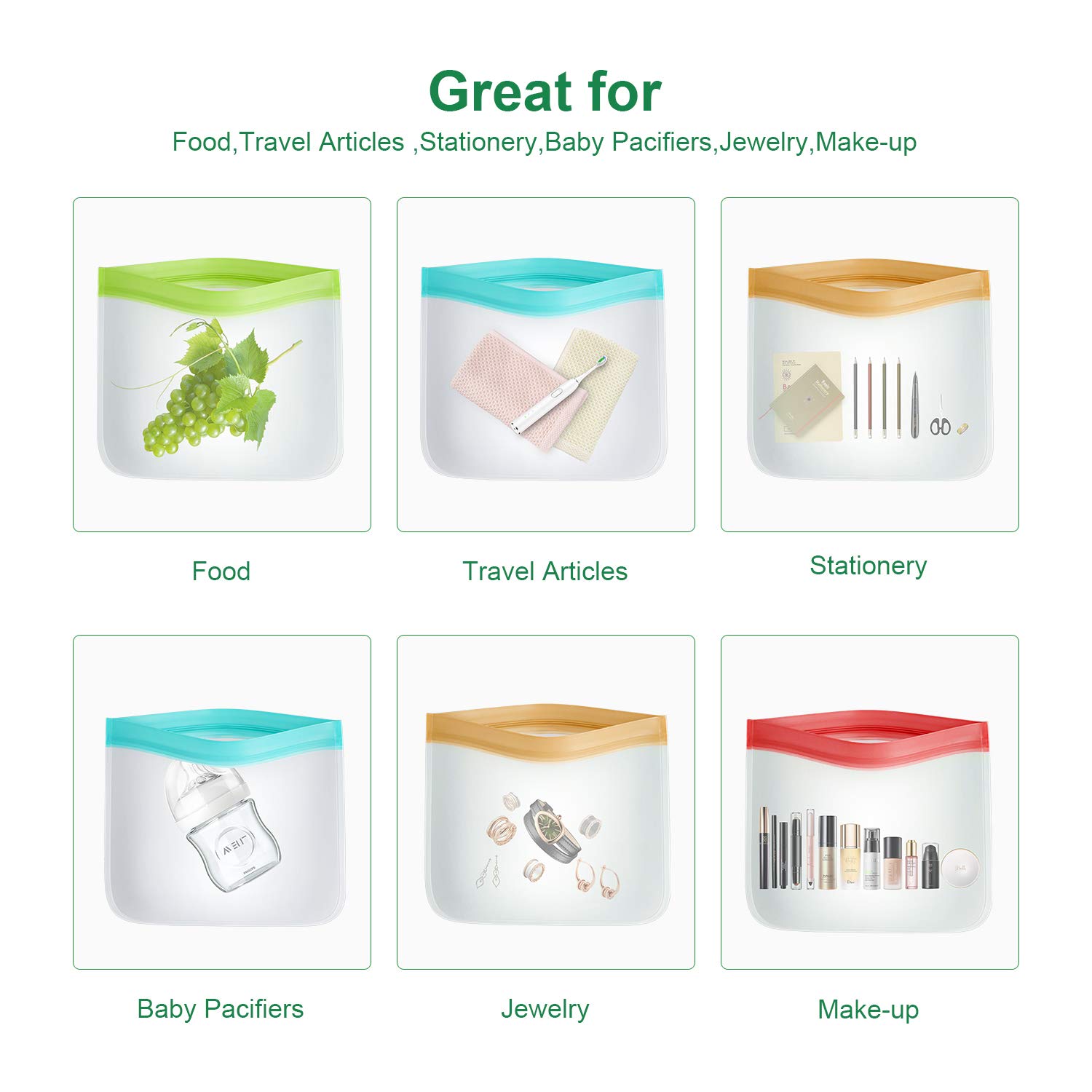 bedee Reusable Food Storage Bags - 8 Pack Extra Thick Ziplock Bags Leakproof Reusable Sandwich Bags - FDA Grade PEVA Snack & Lunch Bags for Kids Snacks, Fruit, Travel, Home Organization