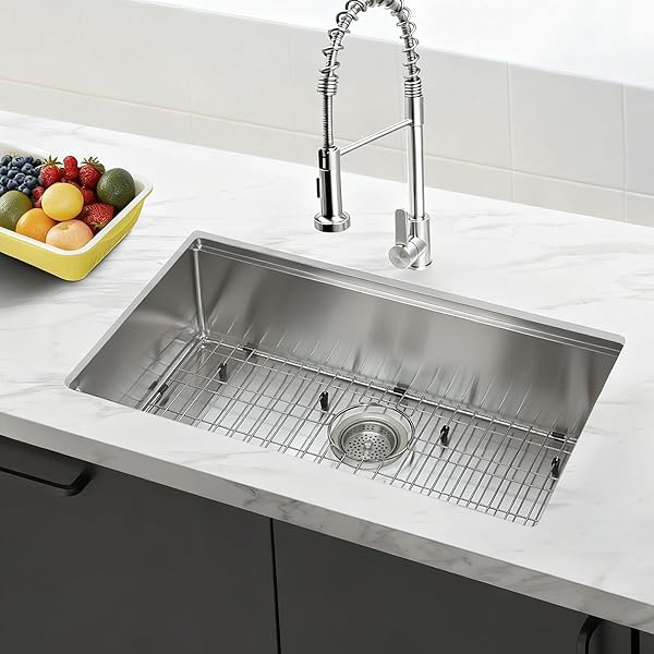 SANYCASA STAINLESS STEEL KITCHEN SINK GRID – 26-3/8” X 14-5/8” SINK PROTECTOR FOR SINGLE BOWL SINKS – REAR DRAIN LOCATION, DURABLE SINK GRATE & DRYING RACK FOR GLASSWARE