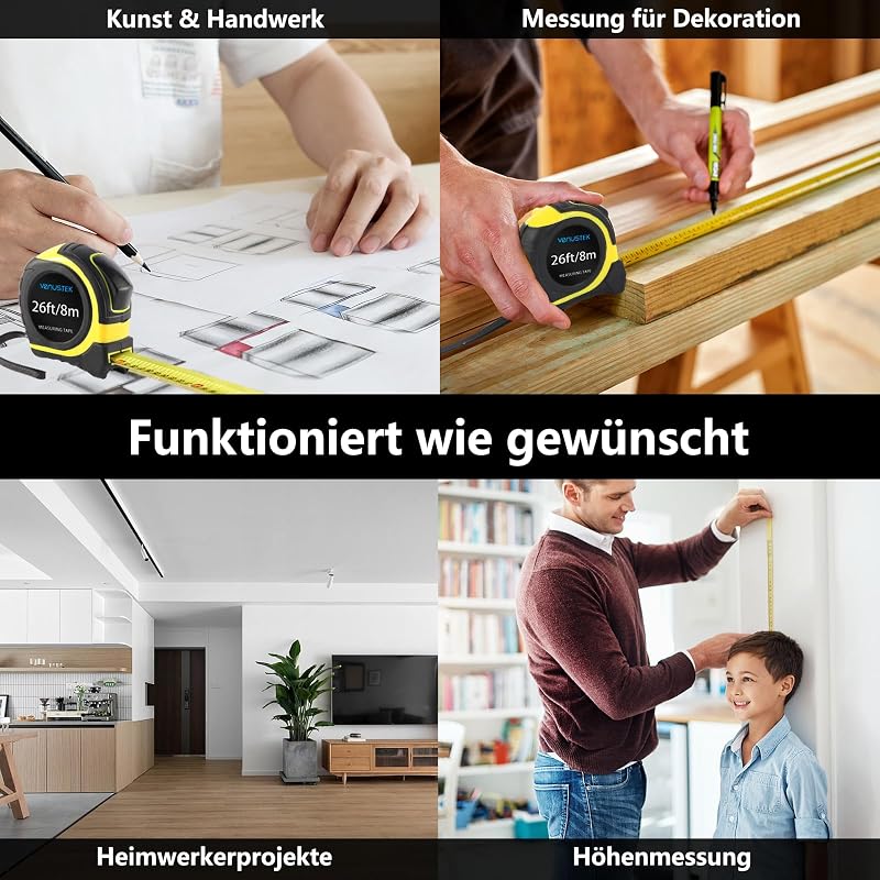 Maßband Massband, 8 m (26 Fuß), Profi Bandmaß mit Gürtelclip,Feststeller, gelb lackiert mit Zoll- und mm Skala, für Haushalt, Heimrenovierungen und Baustelle
