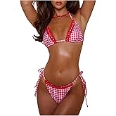GORGLITTER Women's Gingham Lace Bikini Top Triangle Halter Swimsuit Top Tie Back Bathing Suits Swimwear Top