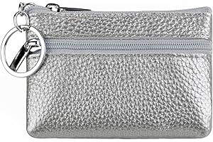 iToolai Women's Leather Tiny Small Coin Purse Pouch with Keychain, Mini Card Holder Case for Men (Silver)
