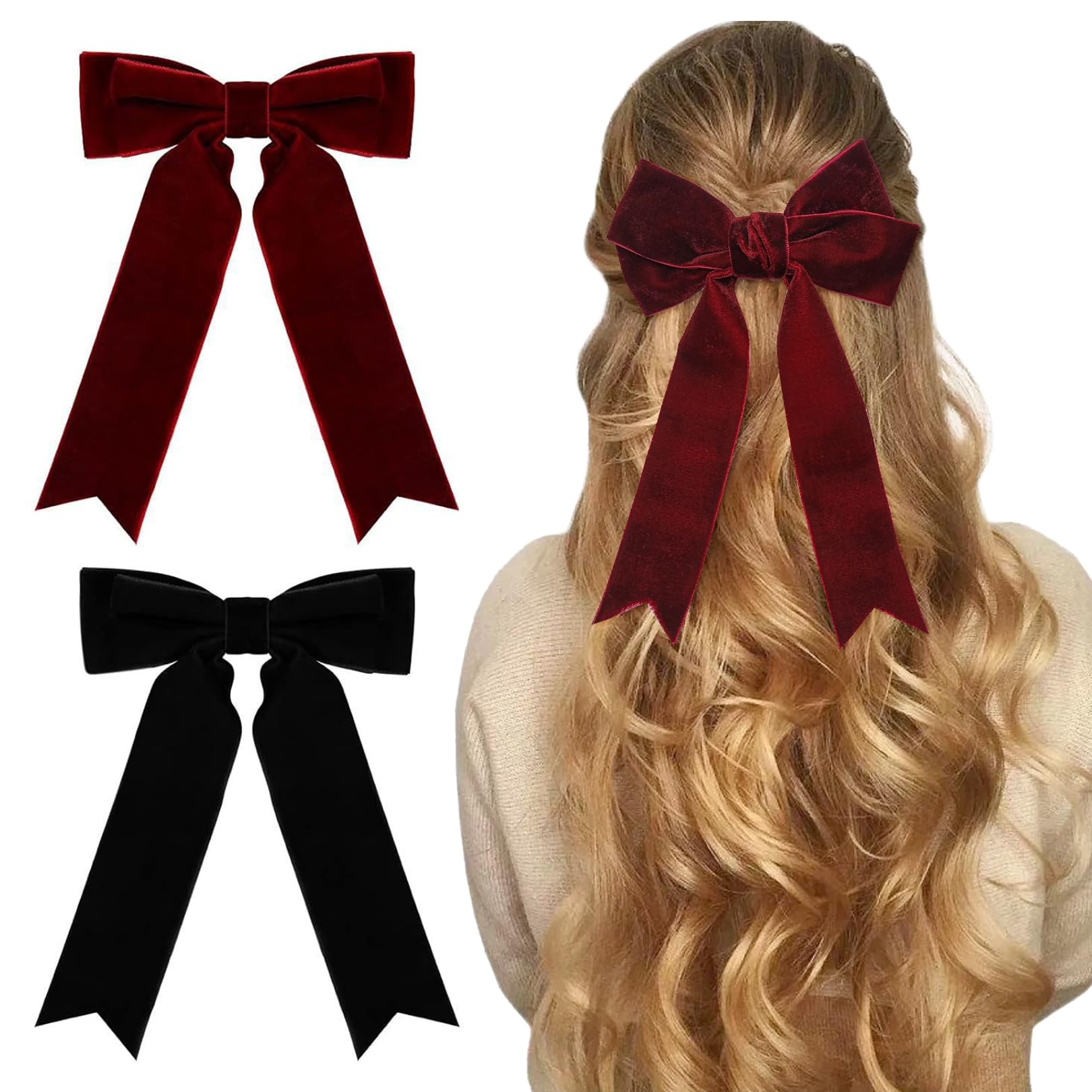 2 Pcs Velvet Burgundy Red Hair Bows - Large Hair Clips With Long Ribbon, Solid Color, Spring Hairpin, Party Gifts for Girls & Women