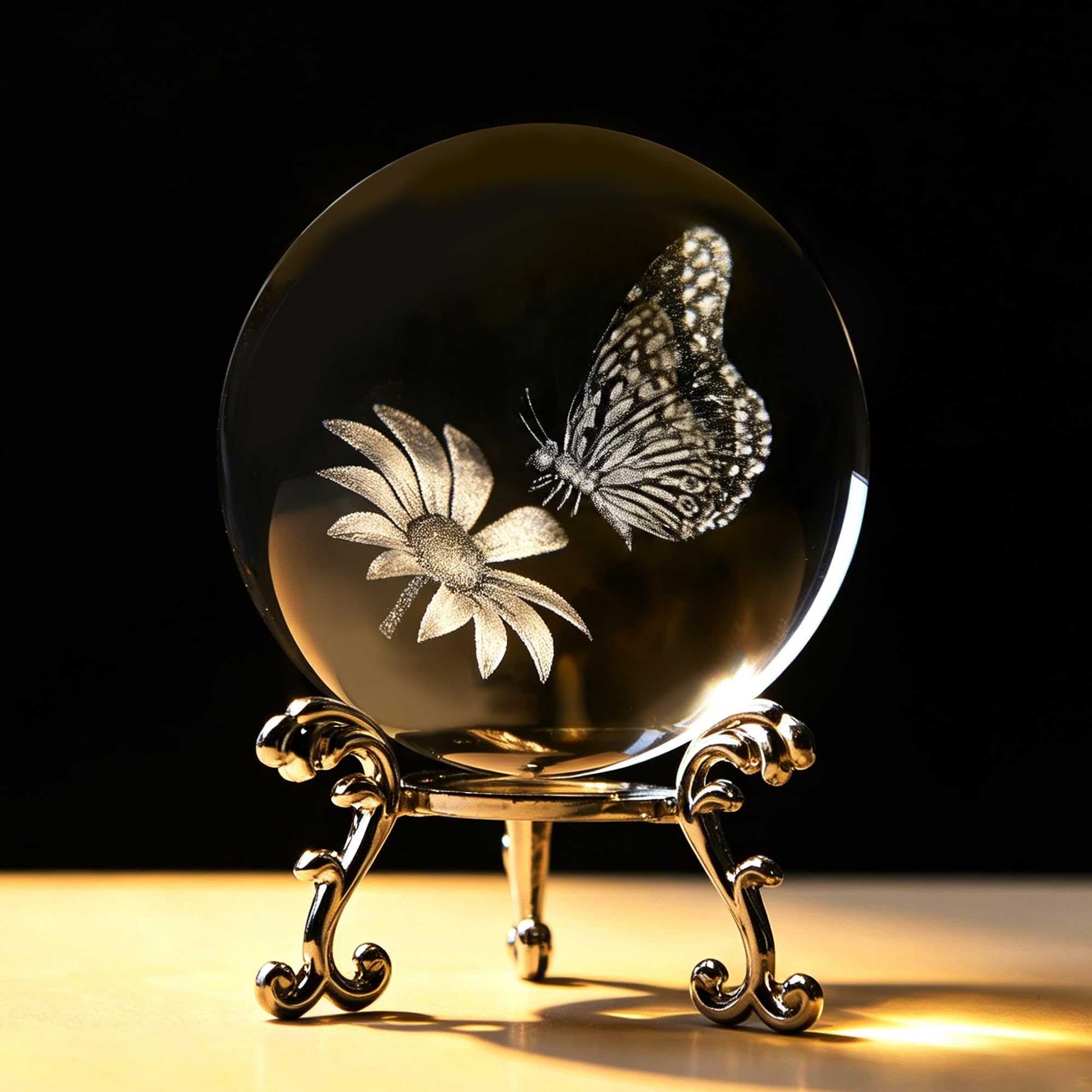 HDCRYSTALGIFTS 60mm 3D Butterfly Crystal Ball Figurine Gifts for Women, Laser Engraved Butterfly Sunflower Glass Crystal Ball with Stand Animal Glass Ball Ornaments Paperweight Decor Gifts for Lovers
