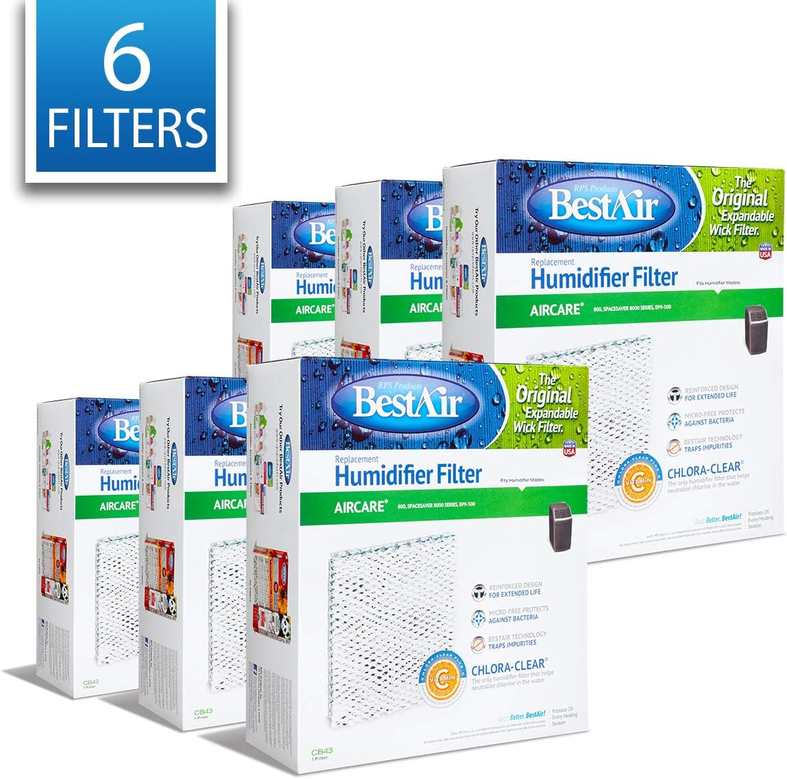 BestAir CB43 Extended Life Humidifier Replacement Paper Wick Humidifier Filter, 10.8" x 12.5" x 4.2", For Essick/Bemis Spacesaver 800, 8000 Series Console (1043), 6 Pack - Humidifier Replacement Parts