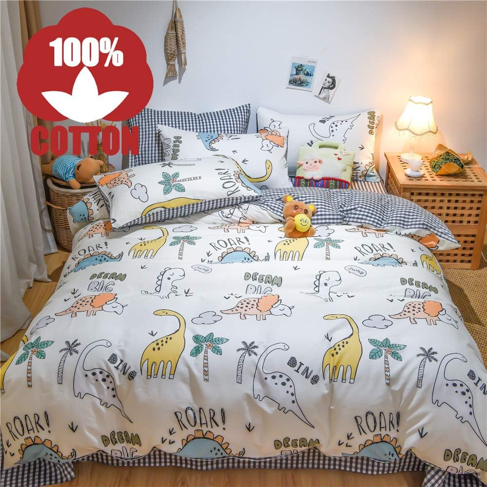 AOJIM Reversible 3 Pieces Dinosaur Duvet Cover Cartoon Animal Print Bedding Set 100% Cotton Color Dino Sauropoda Comforter Cover Twin Size for Boys/Teens/Men