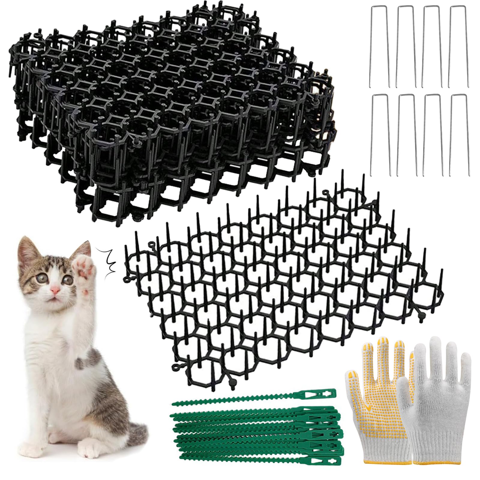 15pcs 15x20cm Cat Deterrent Anti Cat Spikes for Garden Fence Spikes for Cat with Labor Insurance Gloves Cat Proofing Fence Kit Cat Deterrent Spikes Fence Toppers to Stop Cats for Garden Outdoor Indoor