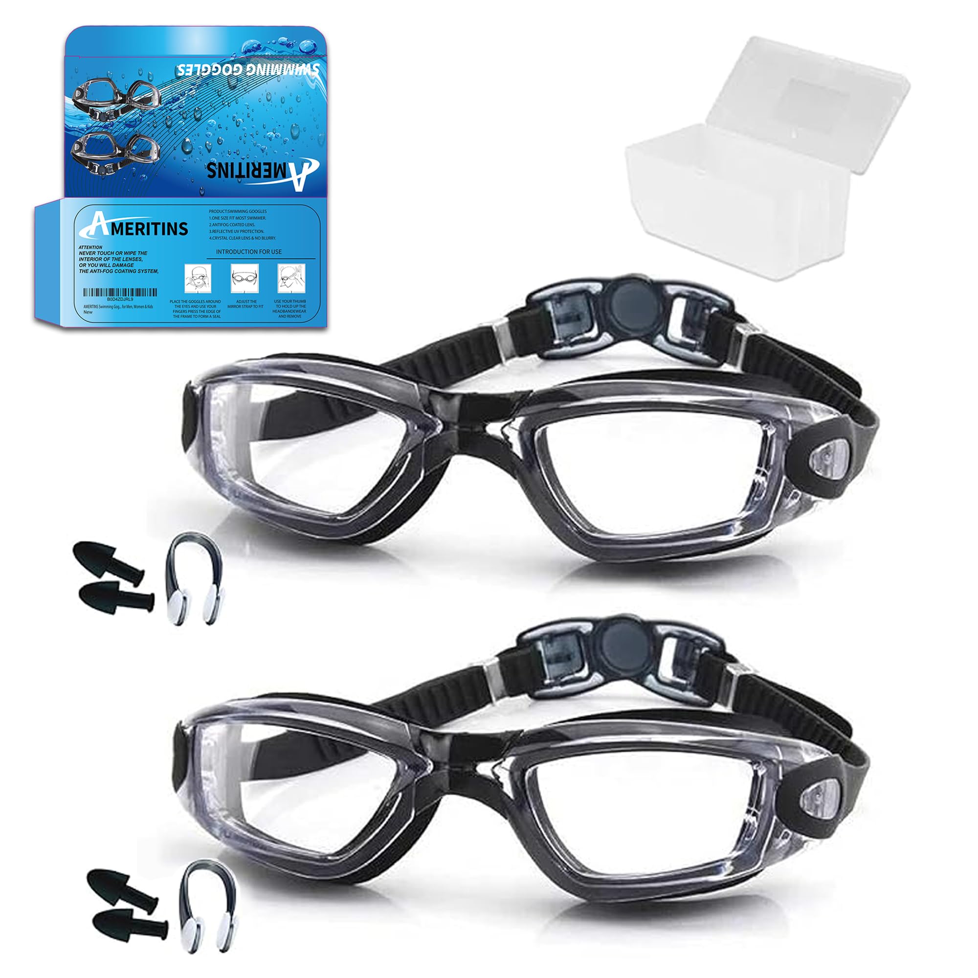AMERITINS® Swimming Goggles Pack of 2, Anti-Fog Goggles Swimming Adults, Anti-Leak UV Protection Crystal Clear Vision with Free Protection Case, Nose Clips & Earplus Suitable for Adults & Kids