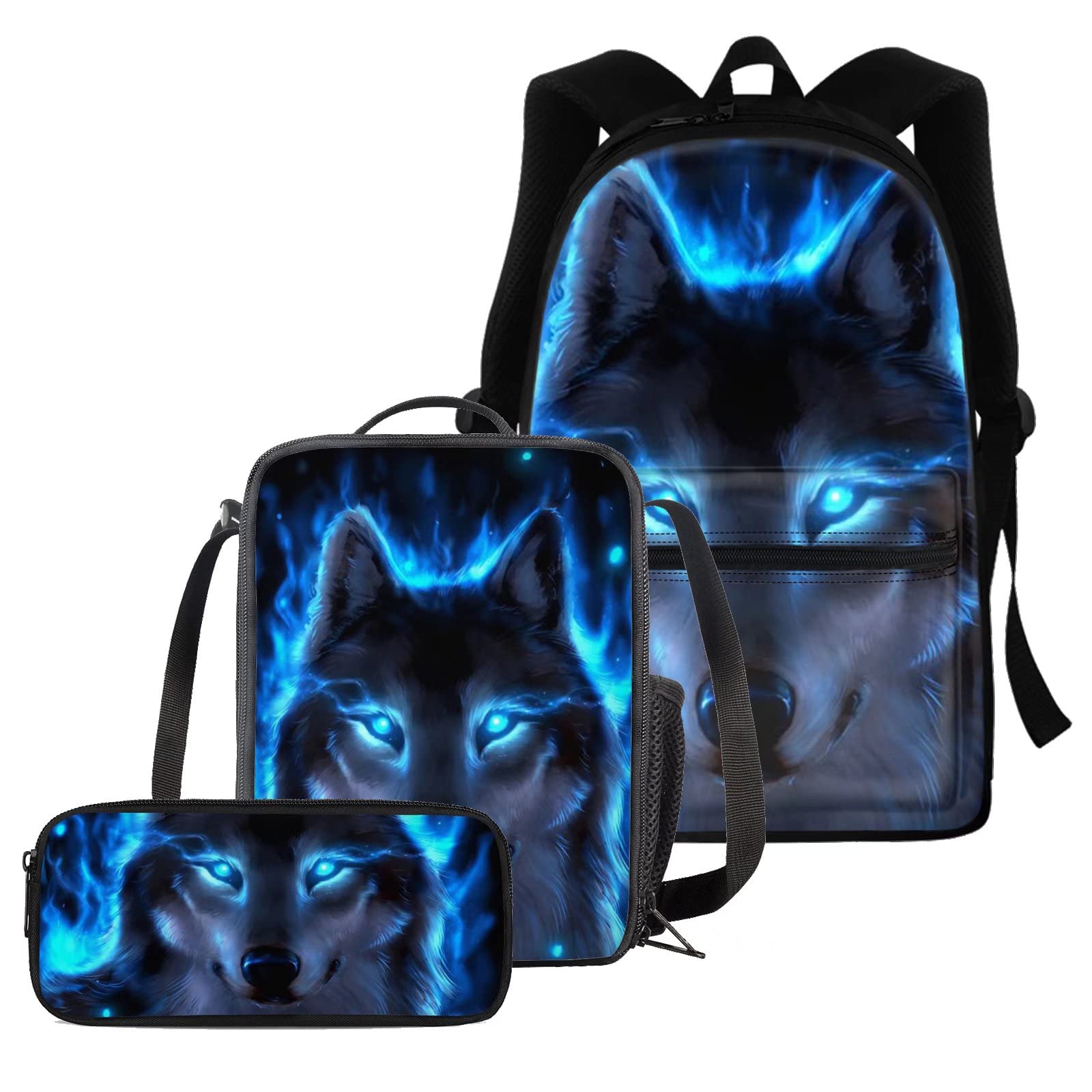 chaqlin Neon Wolf Backpack Set for School,Animal Wolf Printed Schoolbags Boys Girls School Bookbags Set with Zipper Pen Pencil Pouch,Picnic Travel Lunchbags Full Set 3 Pcs