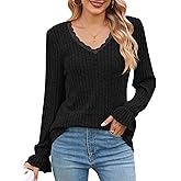 ANWUMICO Womens Long Sleeve V Neck Shirts Lace Trim Ruffle Tops Textured Basic Plain Tees