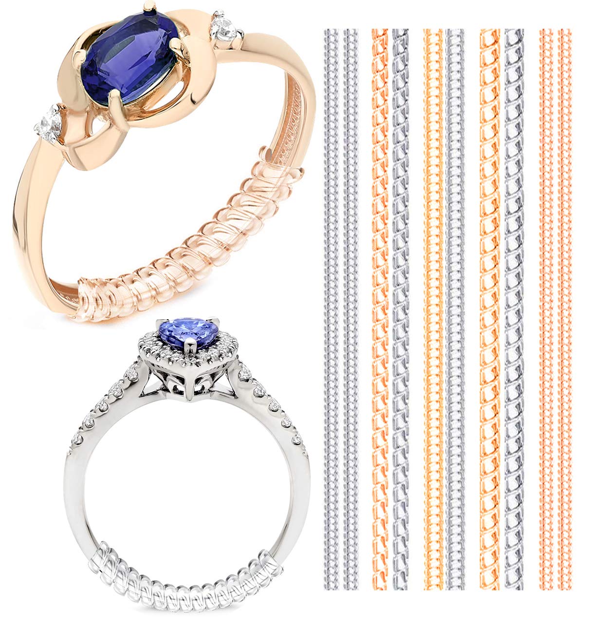 Ring Silicone Guard by OntaRyon – Pack of Gold and Clear Spirals for Loose Rings – Invisible Ring Size Adjuster – Ideal for Gold and Silver Jewellery – 10 Spirals – 4 Sizes – Easy to Attach