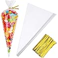 Awpeye 100PCS Cone Cellophane Bags 5.12x9.84 Inches Plastic Cone Bags Clear Cone Shaped Treat Bags with 100PCS Gold Twist Ties