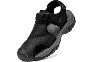 Boveshorn Men's Sport Sandals Closed Toe Leather Hiking Athletic Walking Outdoor Beach Trail River Fishing Water Shoes Lightweight Comfortable Waterproof