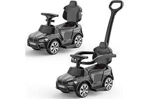 Hetoy Push Cars for Toddlers 1-3 Boys Girls，4-in-1 Ride On Cars Licensed BMW with Horn, Music, Led Lights and Controllable Push Handle (Black)