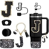 Mity rain 6PCS Cup Accessories Set for Stanley Cup 30oz 40oz tumbler with handle, Black Accessories Including Straw Topper, Boot, Spill Proof Stopper, Handle Charm, Initials Sticker(Letter J)