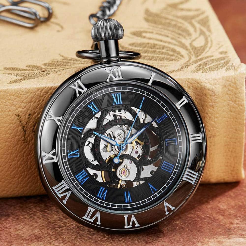 JHYMM Pocket watch Mechanical Pocket Watch Hand Wind Fob Chain Watch without Battery Clock Men Sliver Roman Numbers Engraved Watch