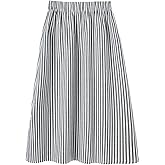 SHENHE Women's Striped A Line Midi Skirt Elastic Waist Flared Long Skirts with Pockets