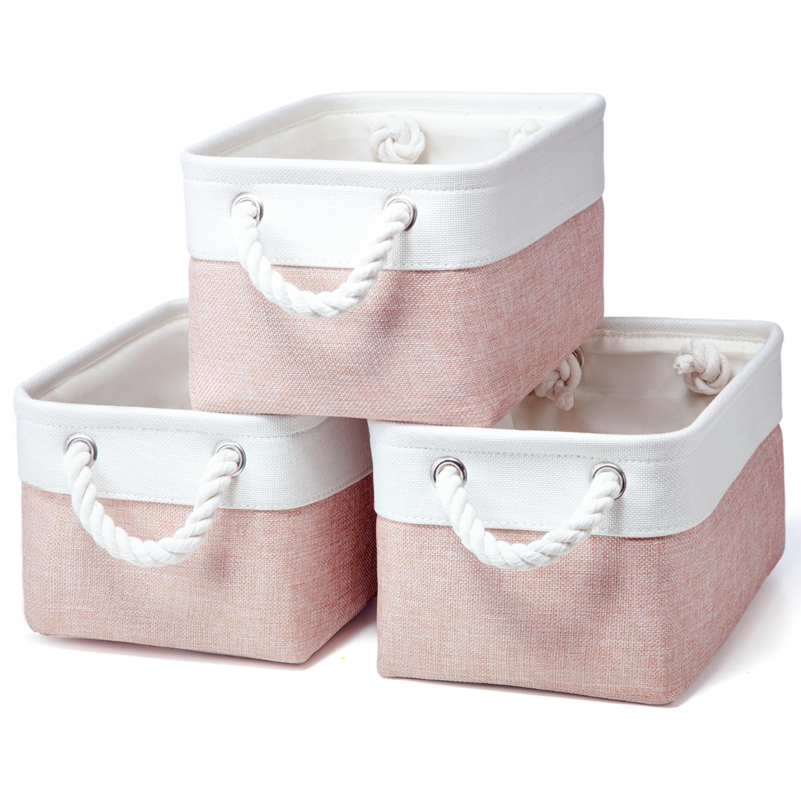 PWVMWM Small Storage Box With Handles, Small Storage Baskets As Gift Basket for Toys Towels Makeup, Folding Canvas Fabric Material Storage Box for Dog Cat Toy Box, 31 X 21 X 16 cm (White Pink-3pack)