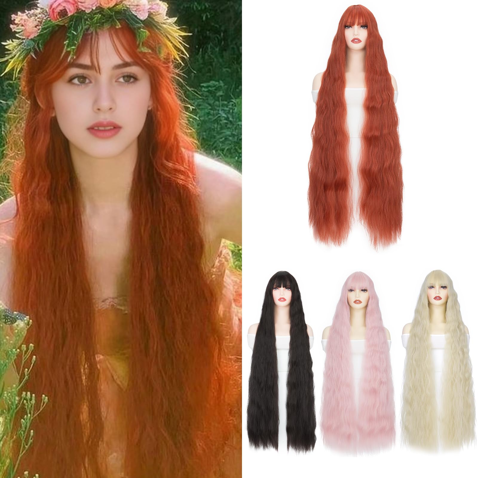 BUYOGET Rapunzel Wigs for Women Orange Wig 40"/100cm Long Wavy Curly Wig with Fringe for Halloween — image 1