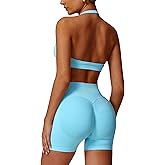 ABOCIW Workout Sets for Women 2 Piece seamless Halter Sports Bra Scrunch Butt Impact Shorts Gym Yoga Outfits