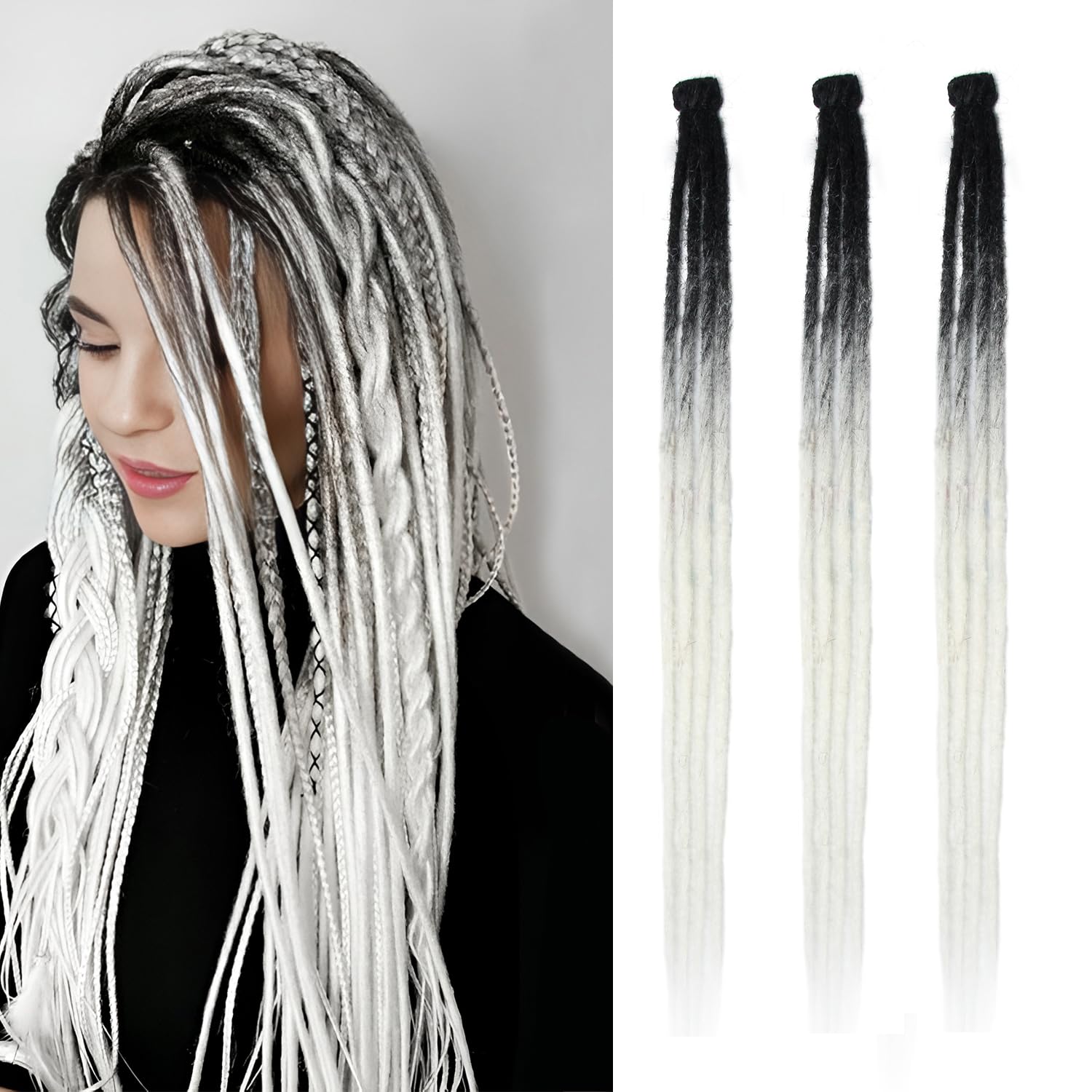 Dsoar Thin Dreadlock Extensions with Clips 24 Inch Ombre Clip In Dreads Handmade 3Pcs Crochet Loc Extensions(Black+White)