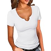 PALINDA Women's Notch V Scoop Neck Ribbed Fitted Shirt Basic Short Sleeves Tee Shirt Top