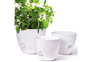 Gardrium Self Watering Planters 12/10/9 inch Plant Flower Pots Set of 3 Plastic with Drainage Hole for Indoor Outdoor Garden, White