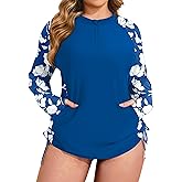 Plus Size Rash Guard for Women Long Sleeve UV Sun Protection Shirts UPF 50+ Swimsuit Tops with Zip Pockets