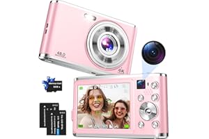 YOODEE Digital Camera, Auto Focus 4K Vlogging Camera with FHD Dual Camera 48MP 16X Digital Zoom Kids Compact Camera with 32GB Card Travel Point and Shoot Cameras for Teens Beginner Adult, Anti-Shake (Pink)