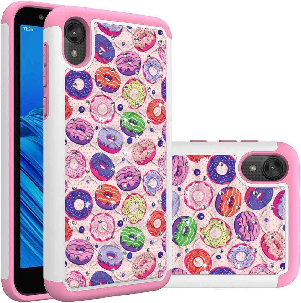 Moto E6 Case, Moto E6 Case for Girls Women, Cute Rainbow Donut Pattern Heavy Duty Shockproof Studded Rhinestone Crystal Bling Hybrid Case Silicone Protective Armor for Motorola Moto E6