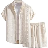 GORGLITTER Men's 2 Piece Outfits Waffle Knit Button Down Shirt Top and Shorts Set