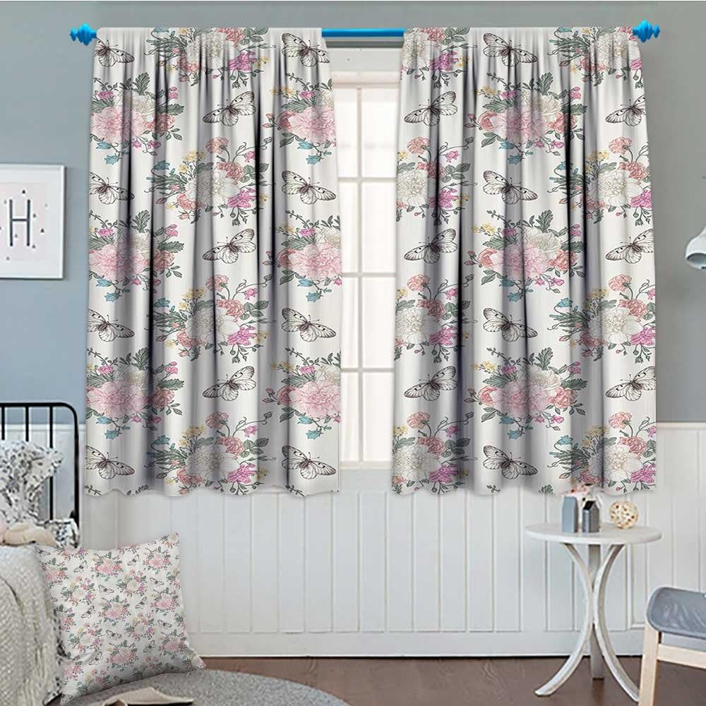 Shabby Chic Window Curtain Drape Peonies Sweet Peas Roses Bouquet and Butterflies Pastel Tones Bridal Theme Decorative Curtains for Living Room 52"x63" Soft Pink Green