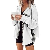 SHEWIN Womens Waffle Knit Plaid Shacket Boyfriend Button Down Shirt Hooded Jacket Loose Long Sleeve Tops